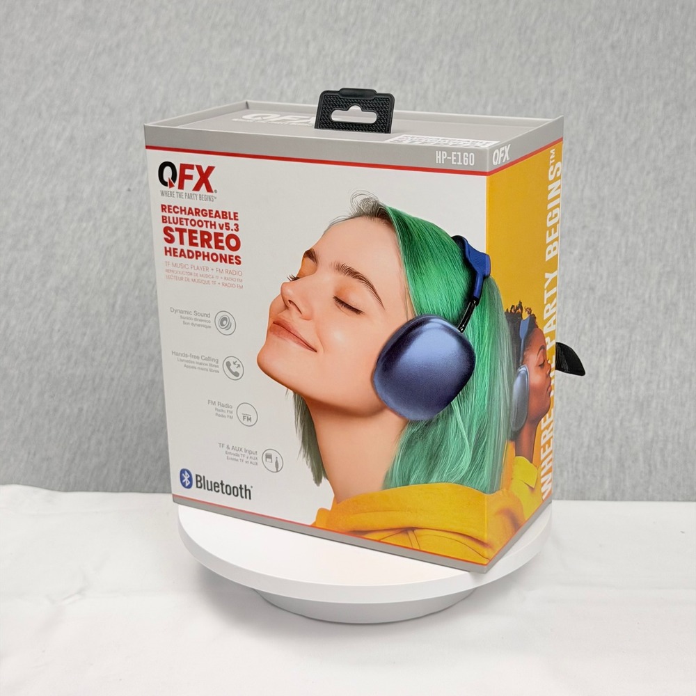 QFX HP-E160 Blue Rechargeable Bluetooth v5.3 Stereo Headphones FM Radio TF Slot